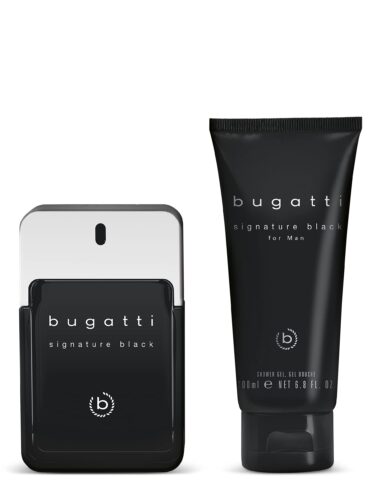 bugatti signature black men's perfume gift set, eau de toilette 100 ml + shower gel 200 ml, woody men's fragrance, gift box, men's care set with perfume and shower gel, elegant, sporty, aromatic