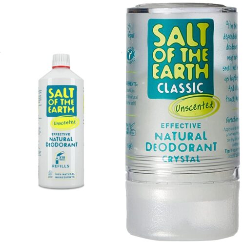 Salt Of the Earth Natural Deodorant Spray Refill, Unscented, Fragrance Free, 1000 ml & Natural Deodorant Crystal Classic, Unscented, Fragrance Free, Vegan, 90 g