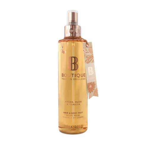 Boutique Women's Body Spray - Amber, Musk & Vanilla Fragrance Hair & Body Mist 250ml - Refreshing, Moisturising Spray With Essential Oils - Vegan - Made In England - Recyclable Bottle.