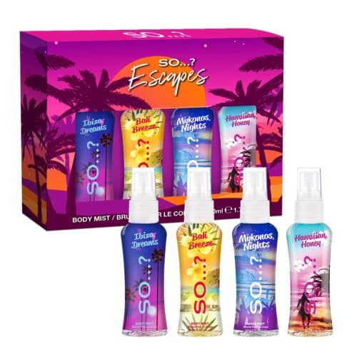 So Ķ? Escapes Womens Gift Set, with Ibiza Dream, Bali Breeze, Mykonos Nights & Hawaiian Honey, Fragrance Spray Set (4 x 50ml)