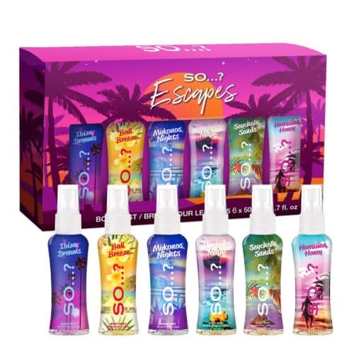 So Ķ? Escapes Grande Womens Gift Set with Ibiza Dreams, Bali Breeze, Mykonos Nights, Santorini, Seychelle Sands, Hawaiian Honey, Body Mist Fragrance Spray Set (6 x 50ml.)