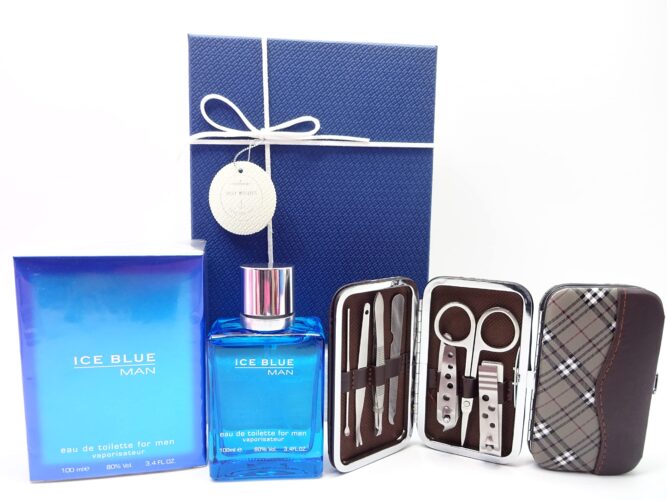 Luxury Gift Set For Men - Ice Blue 100ml EDT For Men & Manicure Grooming Travel Tool Kit - Gift Set For Him