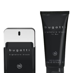 bugatti signature black men's perfume gift set, eau de toilette 100 ml + shower gel 200 ml, woody men's fragrance, gift box, men's care set with perfume and shower gel, elegant, sporty, aromatic