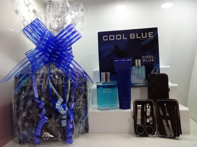 Cool Blue 2pc Perfume Gift Set 100 ml and 130 ml luxury shower gel, + Manicure Set For Him Gift Wrapped Gift Hamper For Him